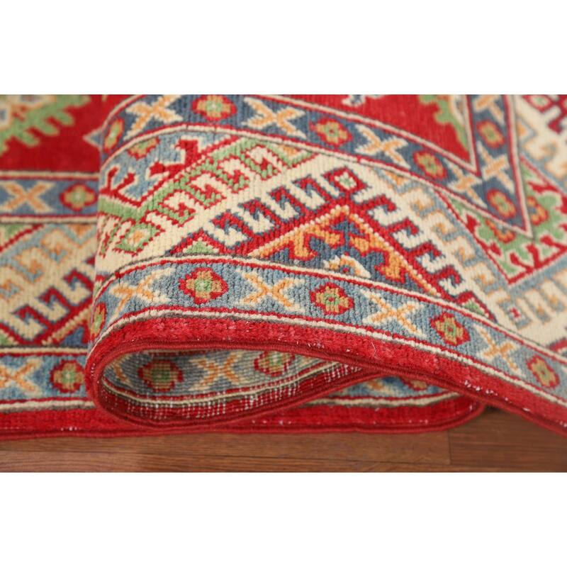 Geometric Red Kazak Oriental Accent Rug Handmade Wool Carpet - 3'4" x 5'1"