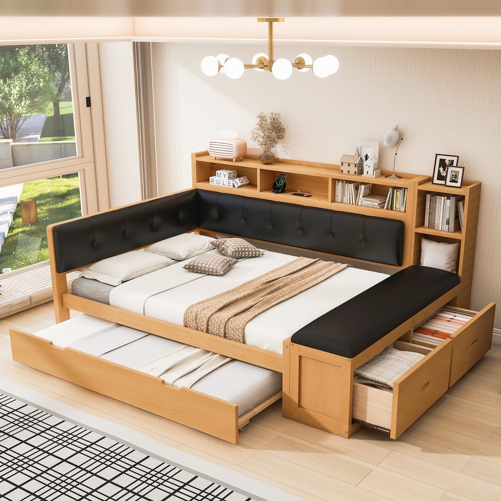 Full Size L-shape Daybed, Captains Bed with Trundle, Bookcase Built-in Charging Station, Upholstered Storage Bench and Headboard