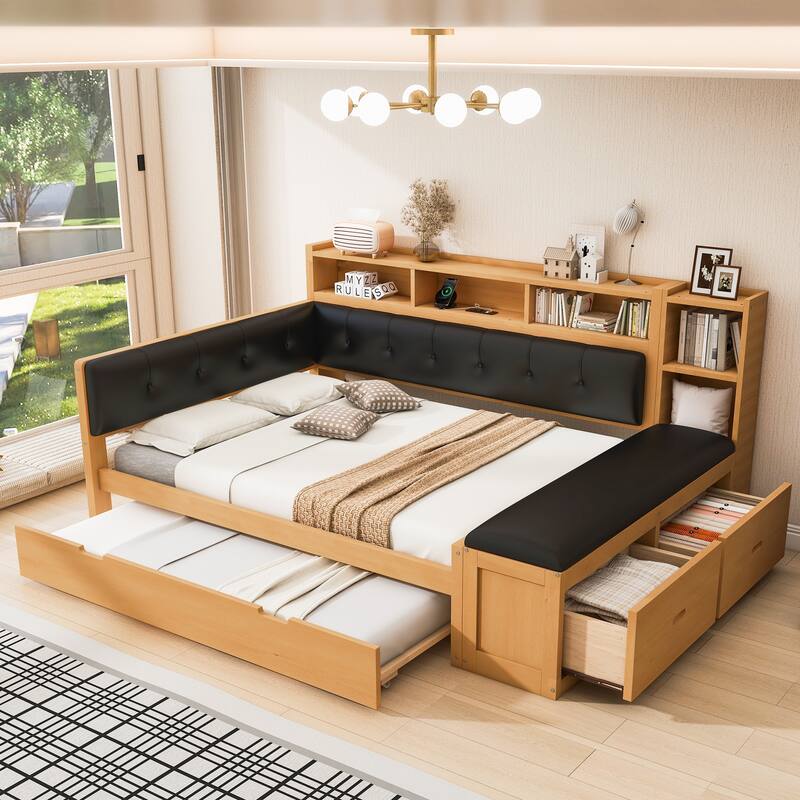 Roomfitters Full Wood Daybed with Trundle, Storage Shelves and Side Bench - Black+Natural - Full