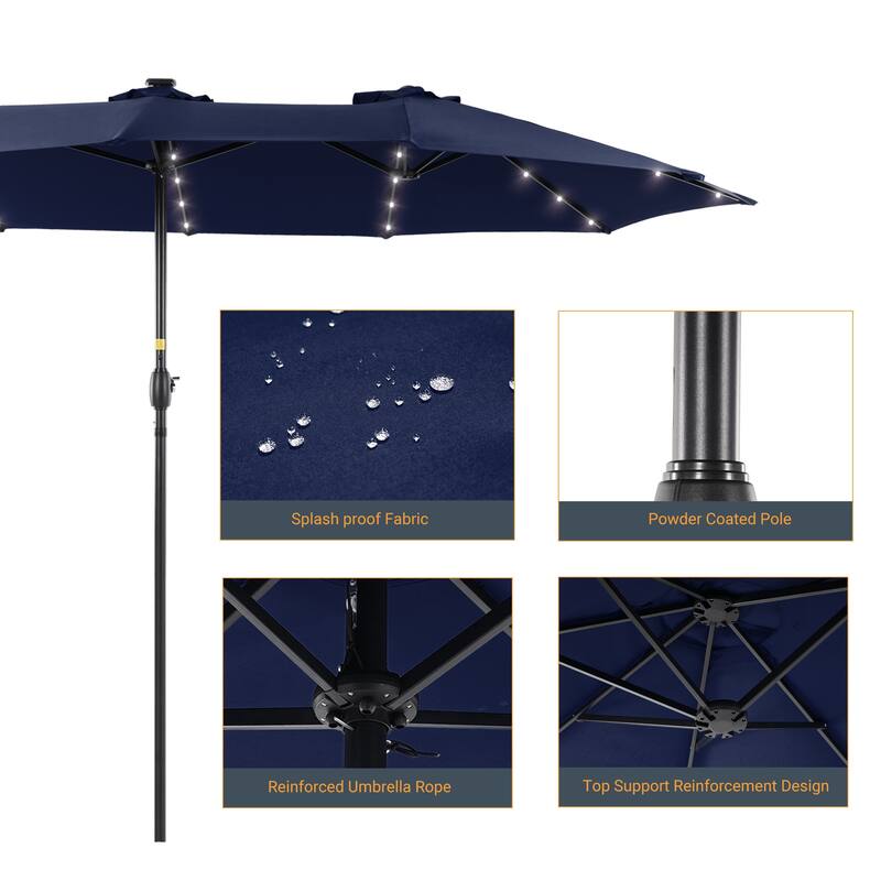 Livoosun 15×9FT LED Double-sided Patio Umbrella with BASE UPF50+ and Handle, and Wind-Resistant Design