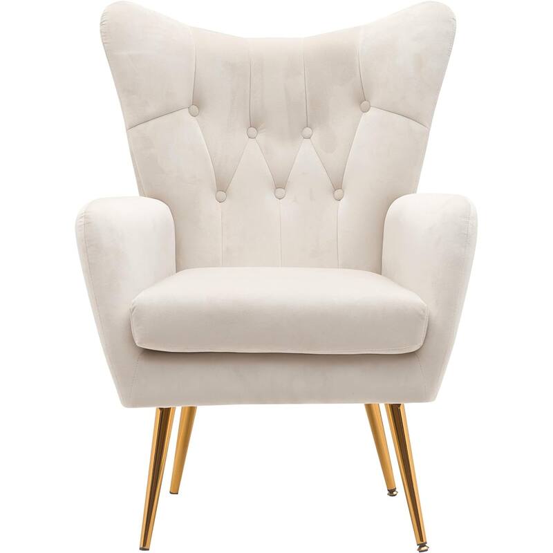 Modern Chic Mid-Century Velvet Accent Armchair Button-Tufted Wingback Design with Gold Flared Legs - Ivory