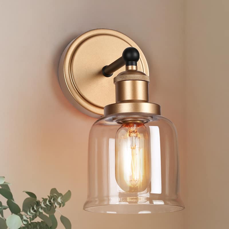 Mid-century Modern Black Gold Wall Sconces with Clear Bell Glass for Bathroom Vanity - L 4.5" x W 7" x H 10"