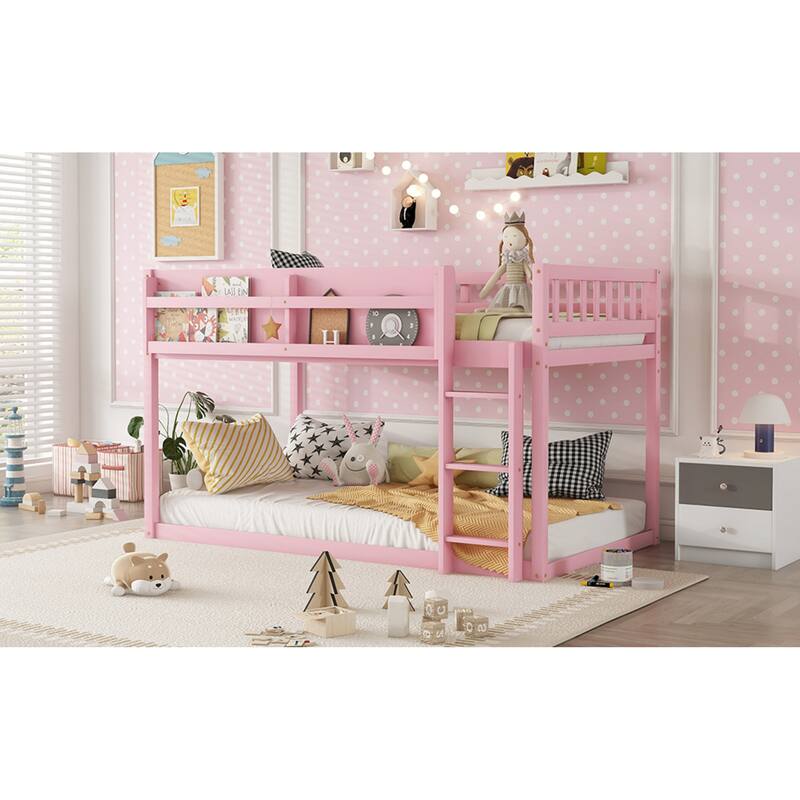 Roomfitters Twin Over Twin Bunk Bed, Low Floor Loft Platform Bed and Shelf with Wooden Frame for Bedroom