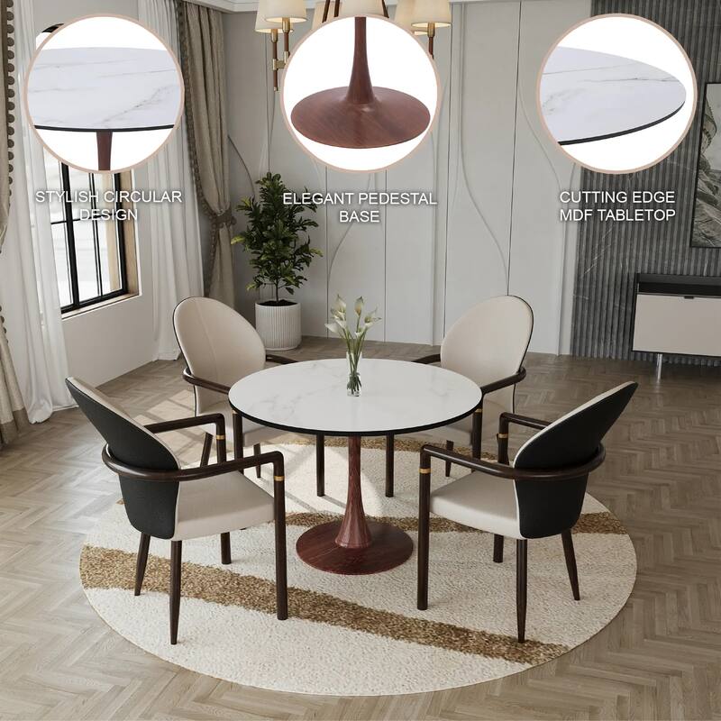 Bristol 35" Round Dining Table with MDF Top and Walnut Steel Pedestal Base for Modern Kitchen and Dining Room
