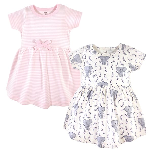 slide 1 of 1, Touched by Nature Baby and Toddler Girl Organic Cotton Short-Sleeve Dresses 2pk, Pink Elephant 2T - Baby Toddler Pink Elephant Short Sleeve