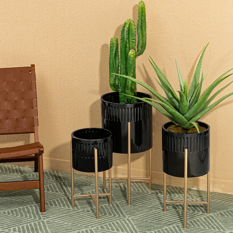 Glitzhome Set of 3 Modern Metal Cachepot Planters with Stands Plant Flower Pot Indoor Outdoor