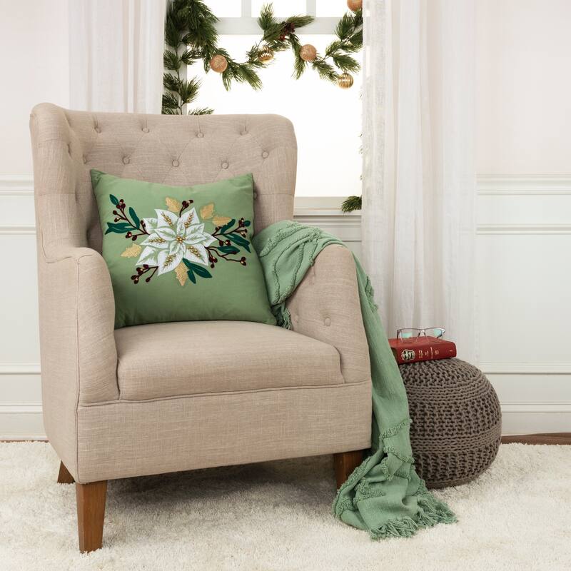 Rizzy Home Poinsettia Beaded Throw Pillow - Down - Single - Accent - Green
