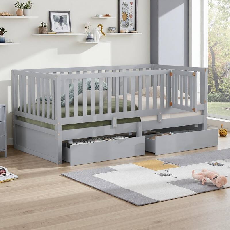 Pine Wood Daybed with Removable Fence Guardrails & Dual Storage Drawers by Harper&Bright Designs - Grey - Twin