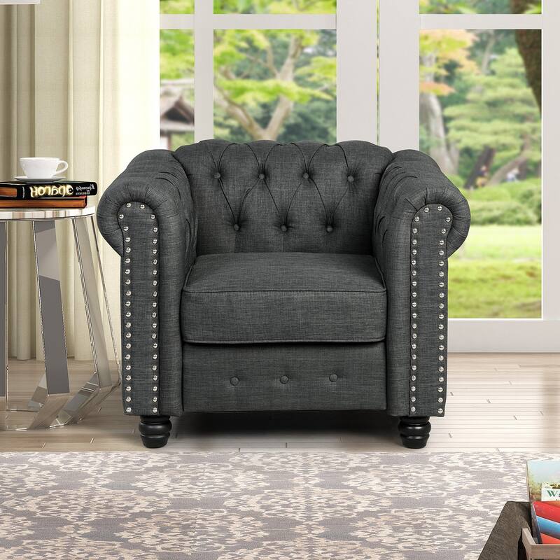 Morden Fort Button Upholstered Chesterfield Set Chair, Loveseat ,Sofa 3 PCS for Living Room,Linen,Solid Wood Legs