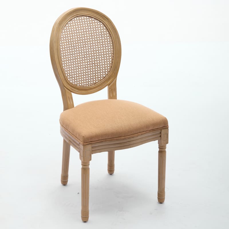 French Style 2-Piece Dining Chairs: Solid Wood Frame, Antique Painting, Linen Fabric, Rattan Back – Classic & Elegant Seating