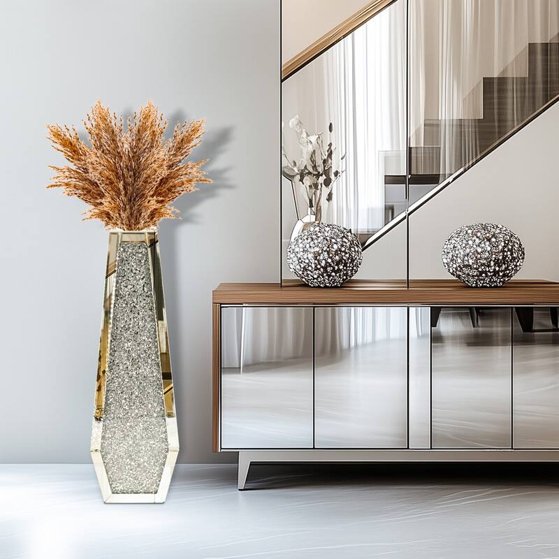 Glam Tall Crushed Diamond Floor Vase Crystal Silver for Home Decor