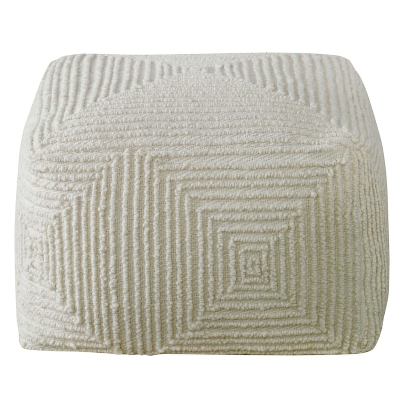 Handwoven Geometric Wool Rectangular Pouf Ottoman - 24" - Cream