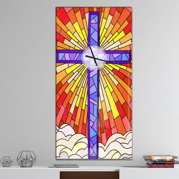 slide 2 of 11, Designart 'Holy Cross Stained Glass Style' Oversized Rustic Wall CLock