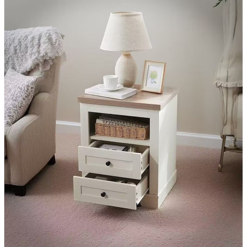 Nightstand with 2 Drawers, Couch Side Table with Wooden Tabletop, Bedroom Coffee Table with Open Storage Shelf