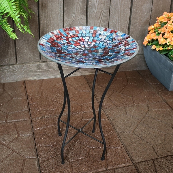 Sunnydaze Multi-Color Tile Glass Bird Bath Bowl with Stand - 14-Inch Diameter