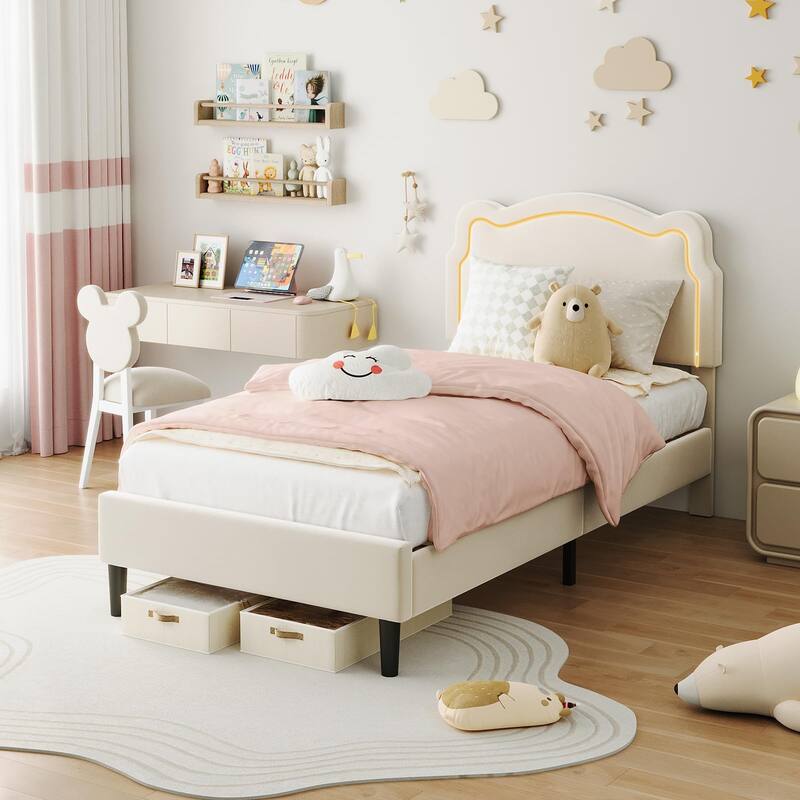 Twin Size Platform Bed Frame, Velvet Upholstered Bed Frame with Height Adjustable Bear-Shaped Headboard - Beige - Twin