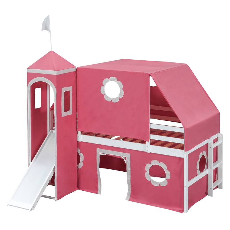 Castle Frame Bed Wood Loft Bed Loft Bed Convertible To Mini Playground with Pink Tent and Tower, Child Bed Tent
