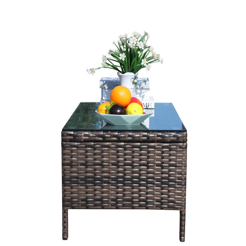 Anmytek Brown Wicker Patio Coffee Table with Tempered Glass Top, Rustic Modern Outdoor Furniture for Garden, Porch & Backyard