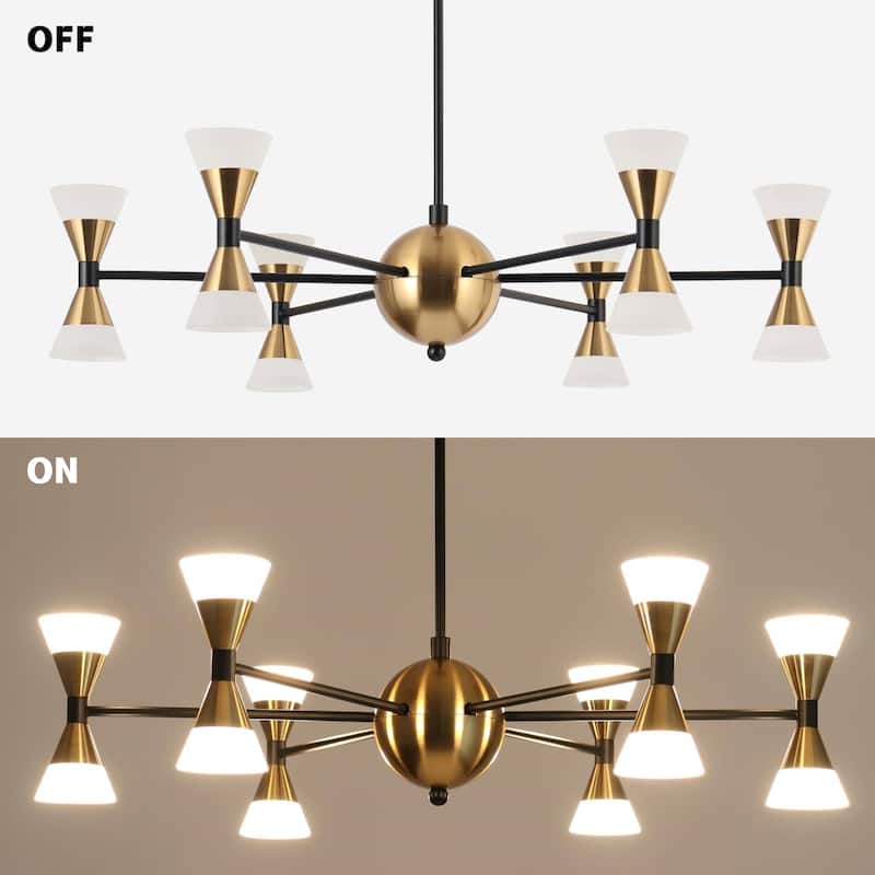 Modern Contemporary 12-Light Black Gold LED Chandelier Metal Wheel Pendant Lights for Dining Room - 23.5" D x 12.5" H