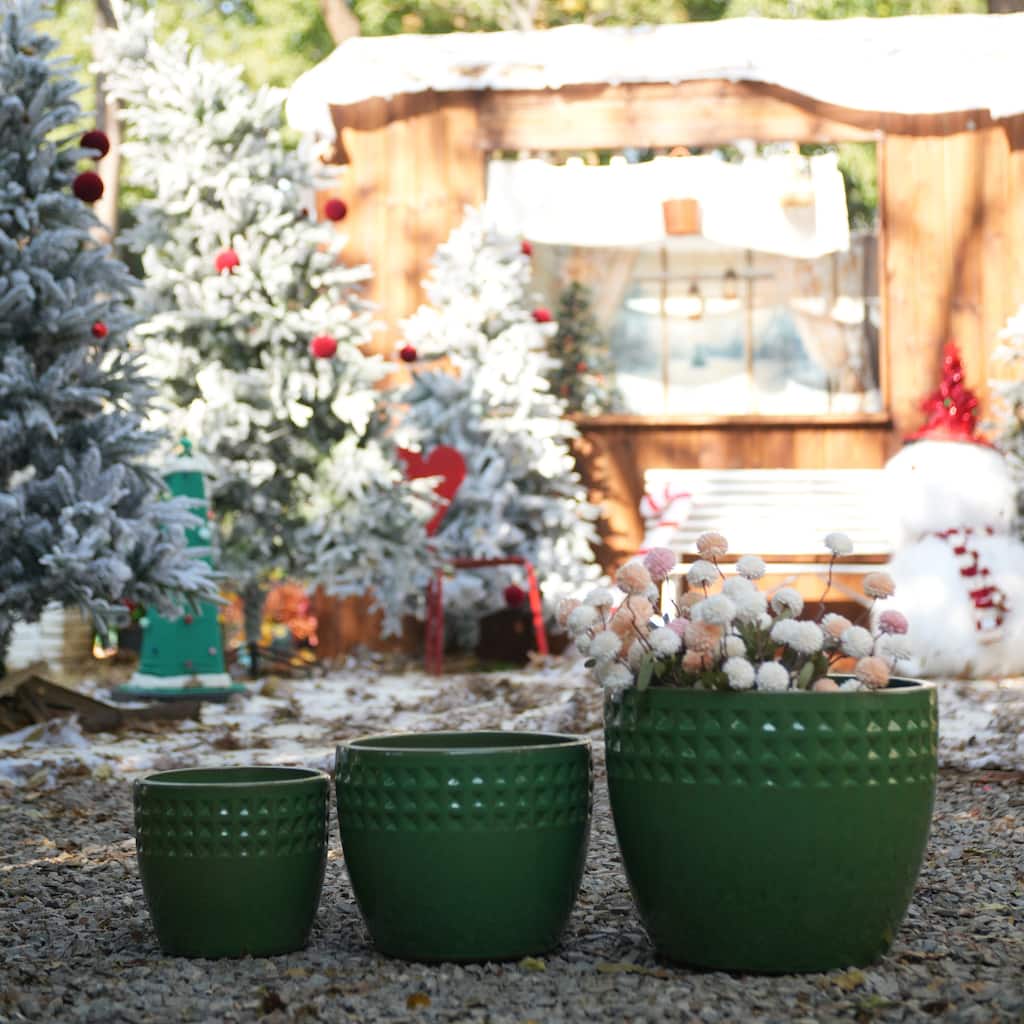 Set of 3 Ceramic Planters Diamond Pattern Plants for Succulents Herbs