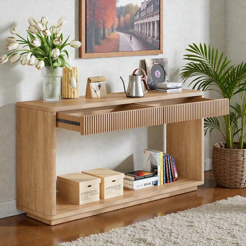60" Modern Fluted Console Table with 2 Drawers, Natural Wood Veneer Sofa Table for Living Room Hallway Entryway