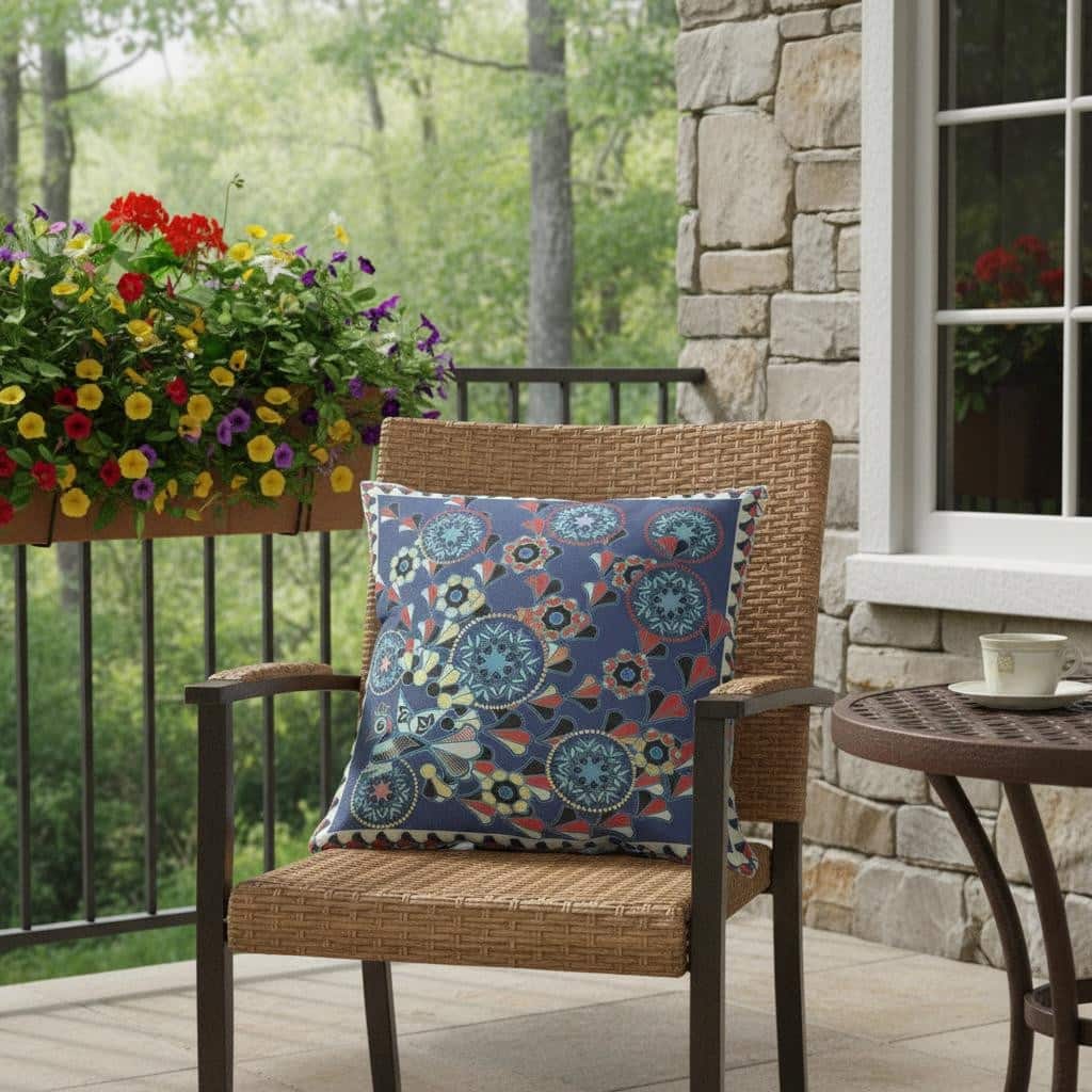 HomeRoots 20" x 20" Blue and Off White Peacock Blown Seam Floral Indoor Outdoor Throw Pillow - 20.00' X '5.00' X '20.00