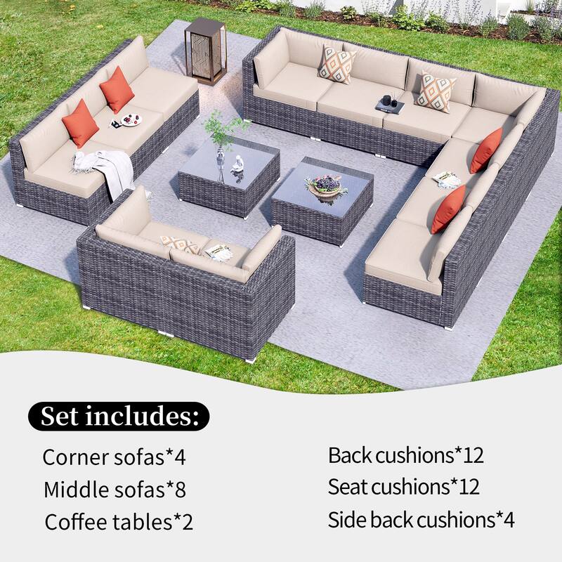 OVIOS 14-piece Deep Seat Wicker Conversation Sectional Set with Glass-top Table