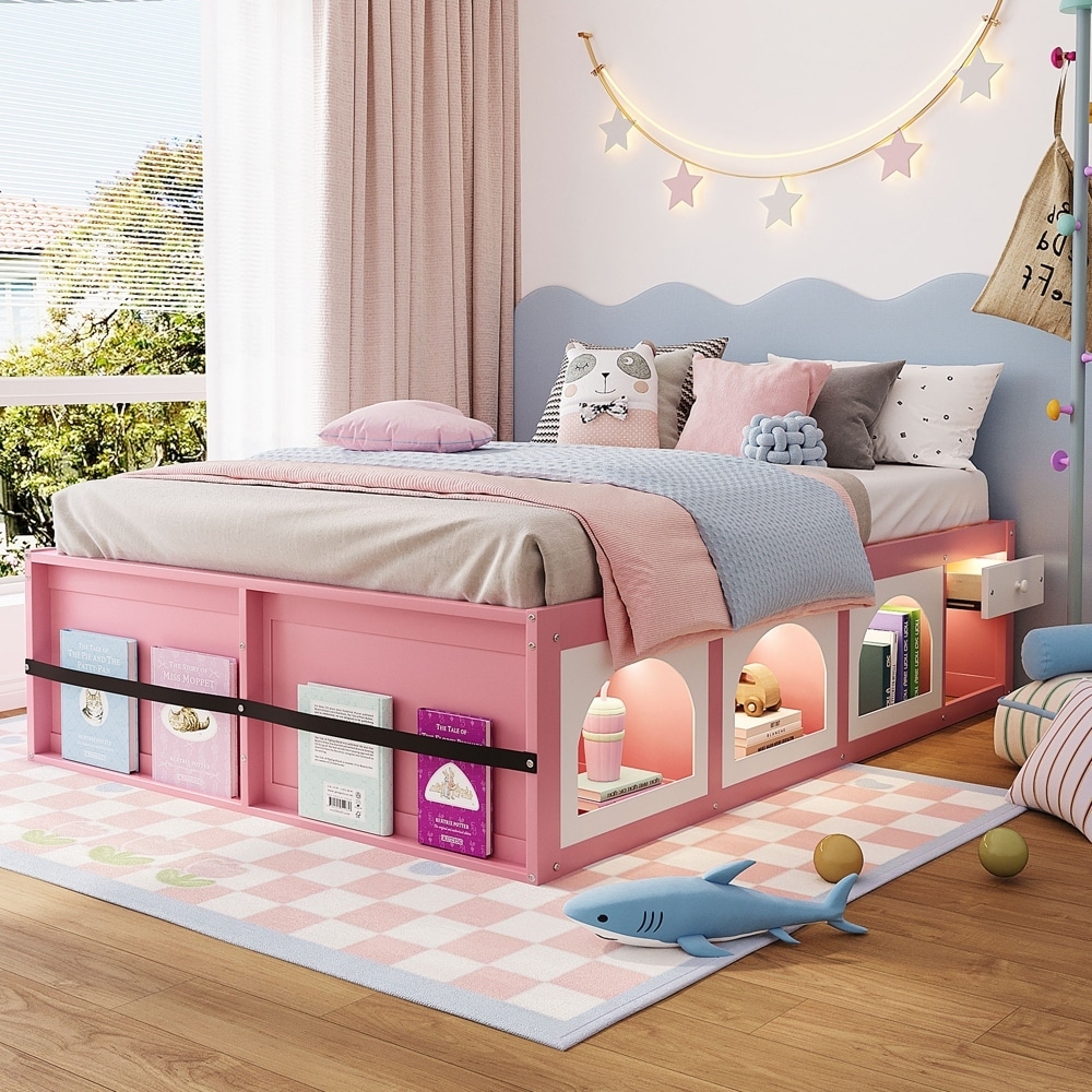 Wooden Platform Bed with Bookshelf, Display Cabinet, LED Light and Drawer