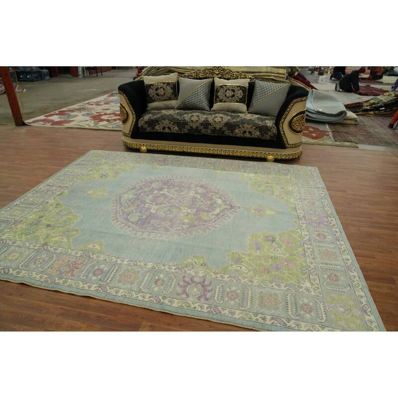 Vegetable Dye Oushak Turkish Area Rug, Medallion Geometric Carpet - 9' 10'' X 8' 2''