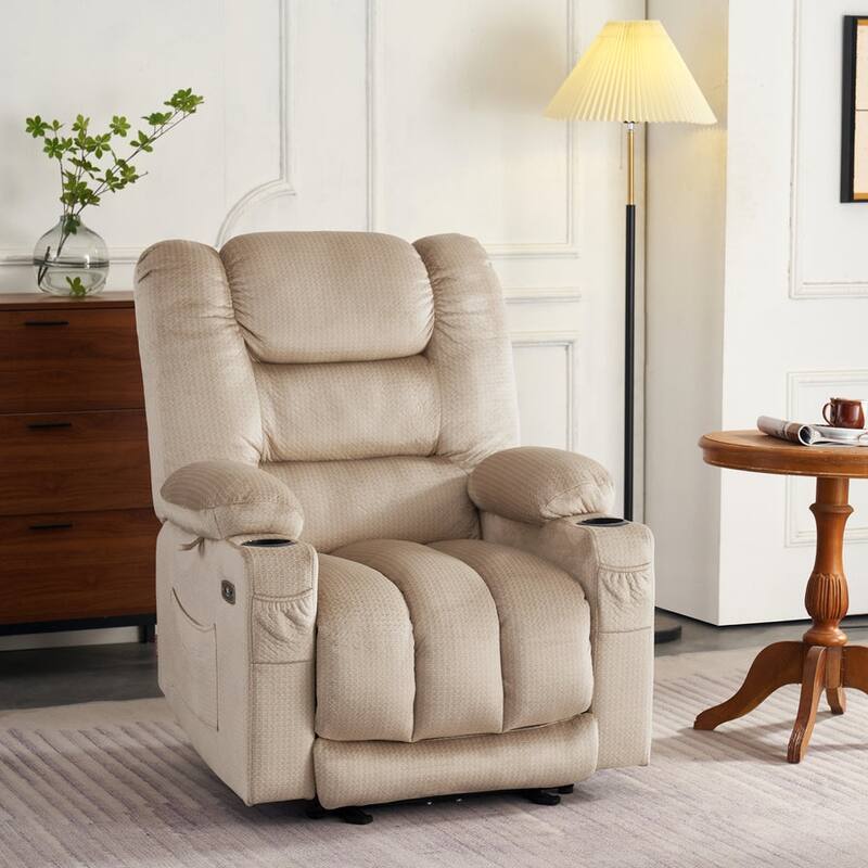 MCombo Electric Power Recliner Chair with Heat and Massage, Fabric 6079/PR670 - Medium-Beige