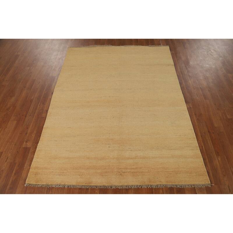 Gold Striped Modern Gabbeh Oriental Rug Handmade Wool Carpet - 4'10"x 6'6"