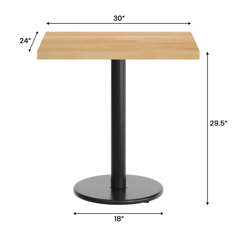 Rectangular Solid Wood Commercial Tabletop with 18" Round Dining Height Base - 24"W x 30"D x 29.5"H