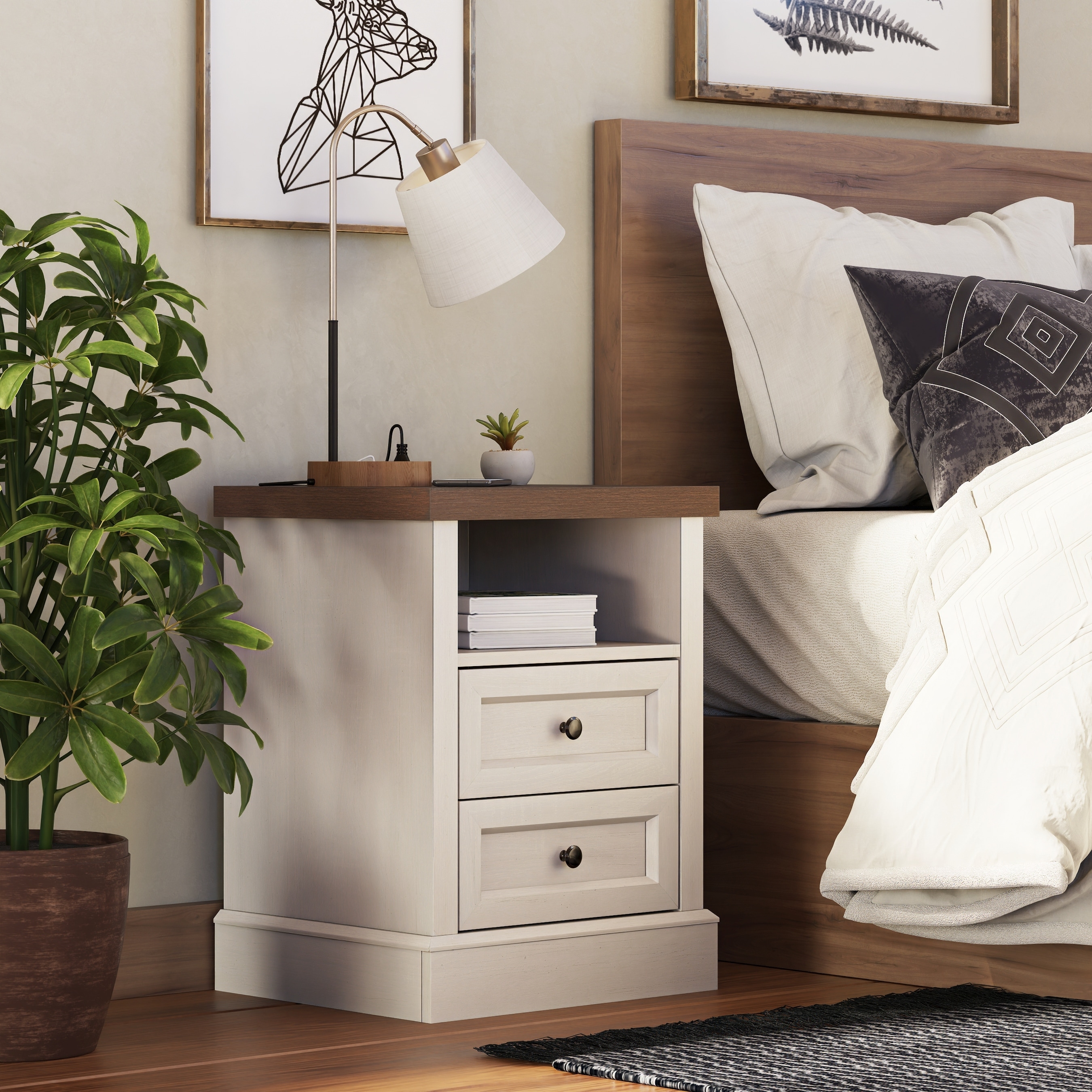 COZAYH Farmhouse Nightstand with Charging Station, Vintage Bedside Table Featuring Outlet & USB Ports, 2 Drawers and Open Shelf