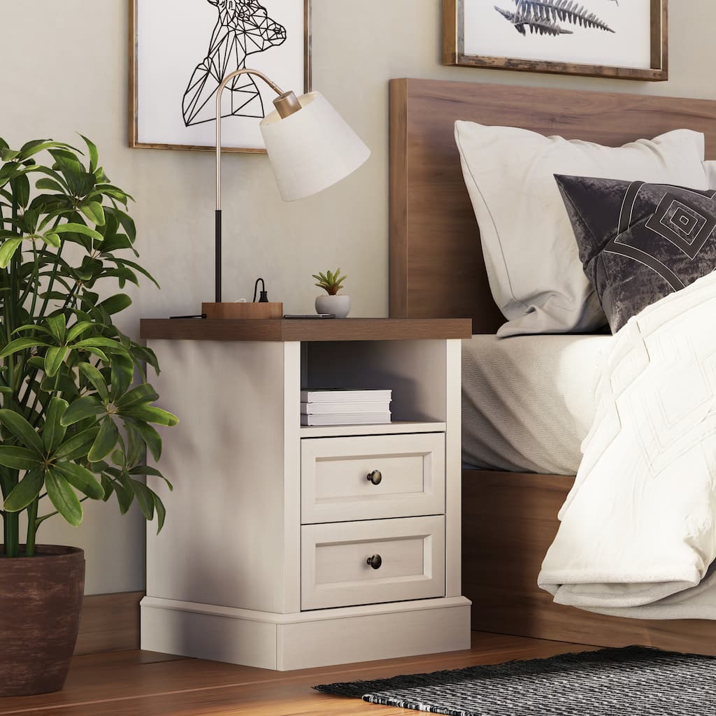 COZAYH Farmhouse Nightstand with Charging Station, Vintage Bedside Table Featuring Outlet & USB Ports, 2 Drawers and Open Shelf