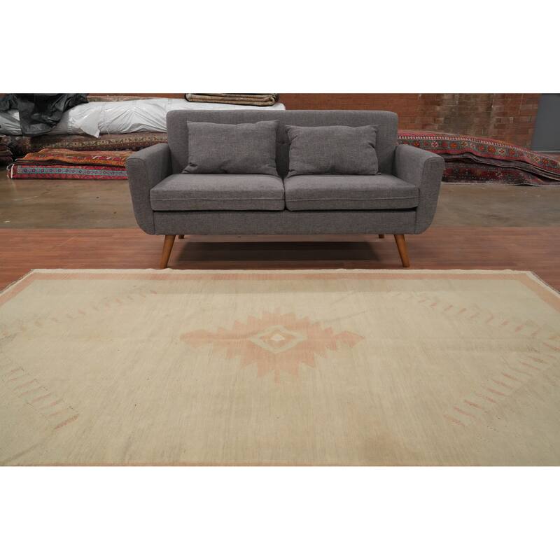 Hand Woven Oriental 100% Wool Carpet Southwestern Tribal Beige & Ivories Kilim Area Rug - 8' 10'' X 5' 8''