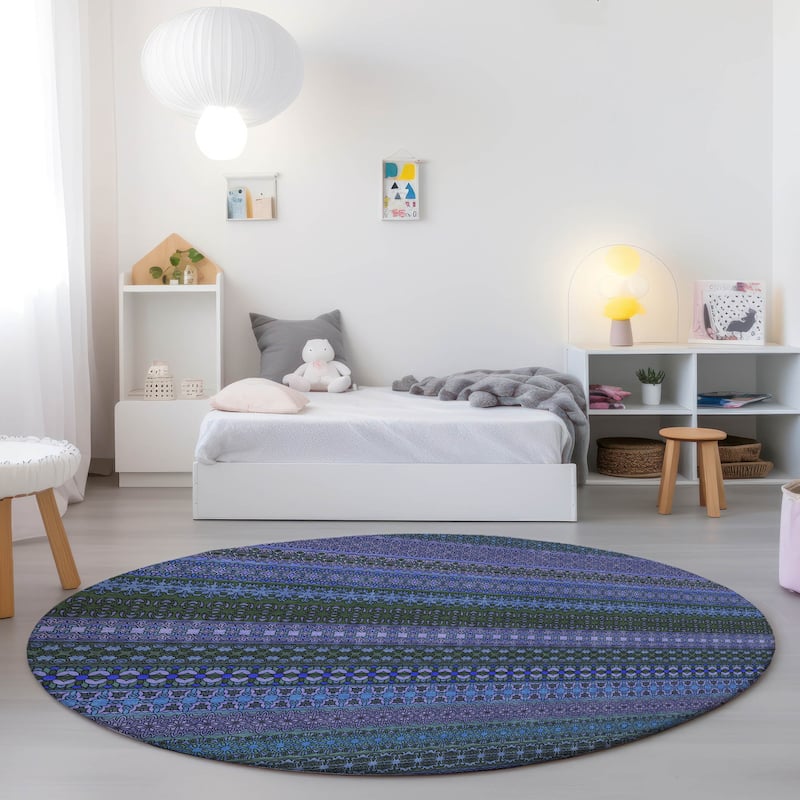 Machine Washable Indoor/ Outdoor Moroccan Stripes Chantille Rug - Blue - 8' x 8'