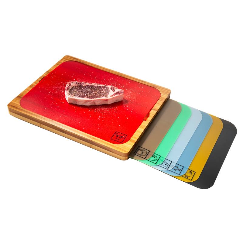Seville Classics Bamboo Cutting Board and 7 Color-Coded Flexible Cutting Mats
