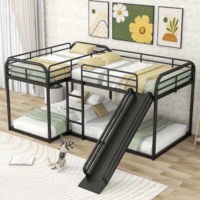Metal L-Shaped Bunk Bed with Slide and Short Ladder, Full and Twin Size