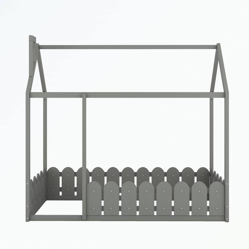 Twin Size Wood Bed House Bed Frame with Fence