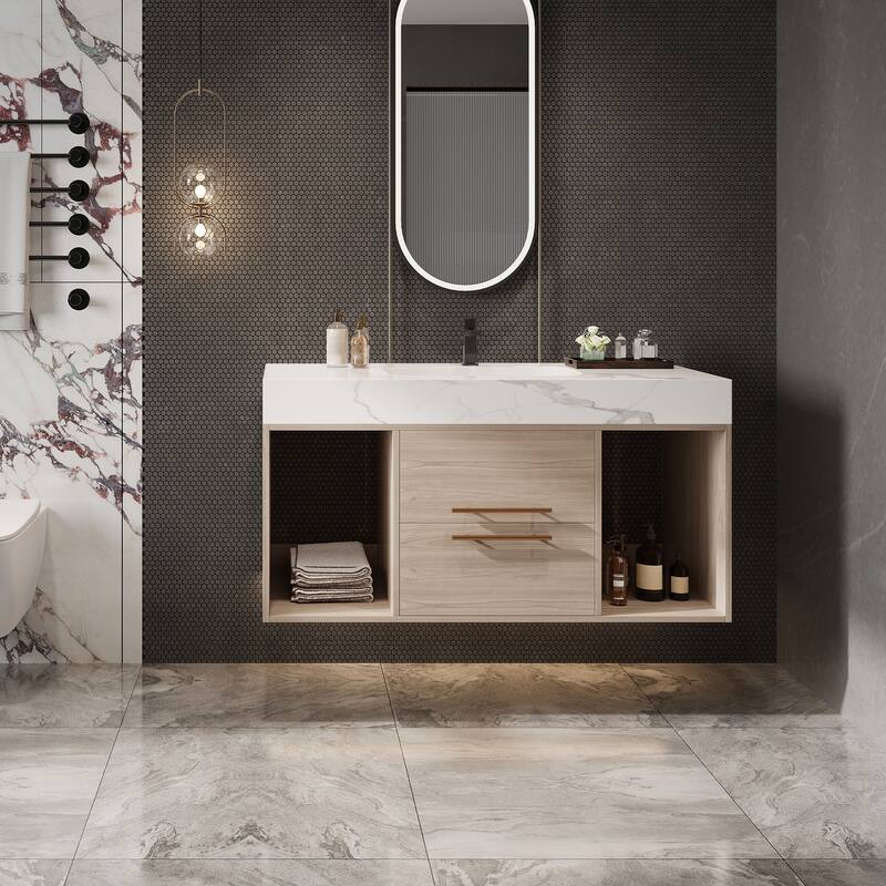 Floating Bathroom Vanity with Ceramic Sink, Rectangle Bathroom Storage Cabinet with Sintered Stone Countertop