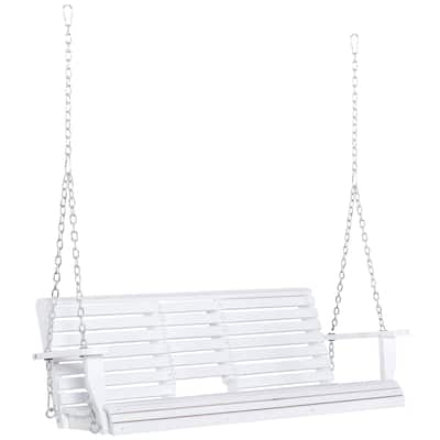 3-Seater Wooden Porch Swing, Patio Swing Bench with Folding Coffee Table, Cup Holders and Chains Included