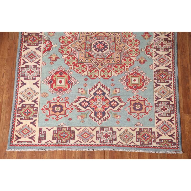 Geometric Blue Kazak Area Rug Handmade Wool Carpet - 4'11" x 5'11"