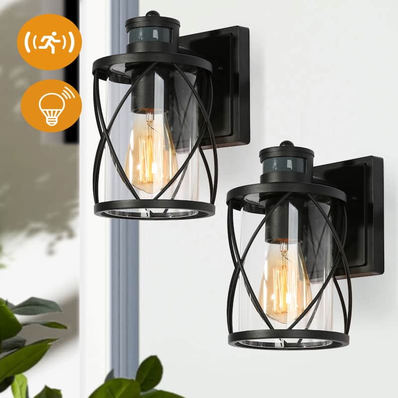 2-pack Waterproof Motion Sensor Outdoor Wall Lights Wall Lantern for Garage Porch Front Door Non - Solar - L 6.7" * W 7.5" * H 11.8" - black