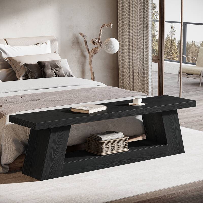 63" Extra Long Wooden Entryway Bench, 2-Tier Storage Shelf Hallway Seating Bench for Living Room, Bedroom, Kitchen