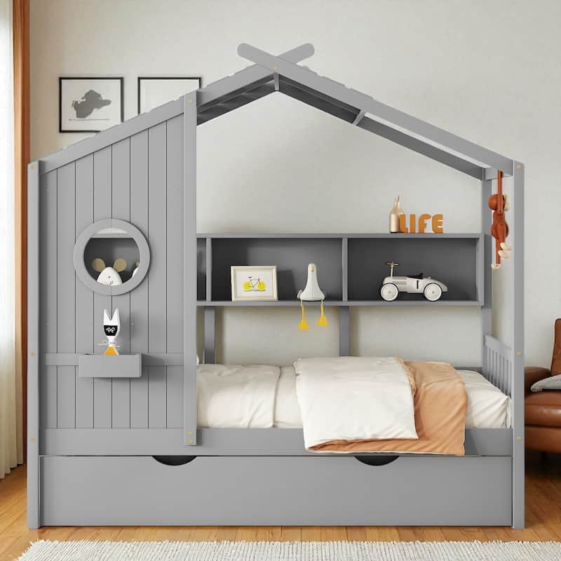 Wooden Twin/Full Size House Bed with Trundle, Storage Shelf & Roof Design - Kids Modern Playhouse Bed Frame - Grey - Twin