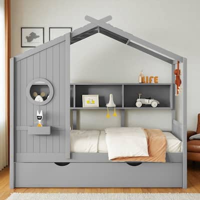 Wooden Twin/Full Size House Bed with Trundle, Storage Shelf & Roof Design - Kids Modern Playhouse Bed Frame