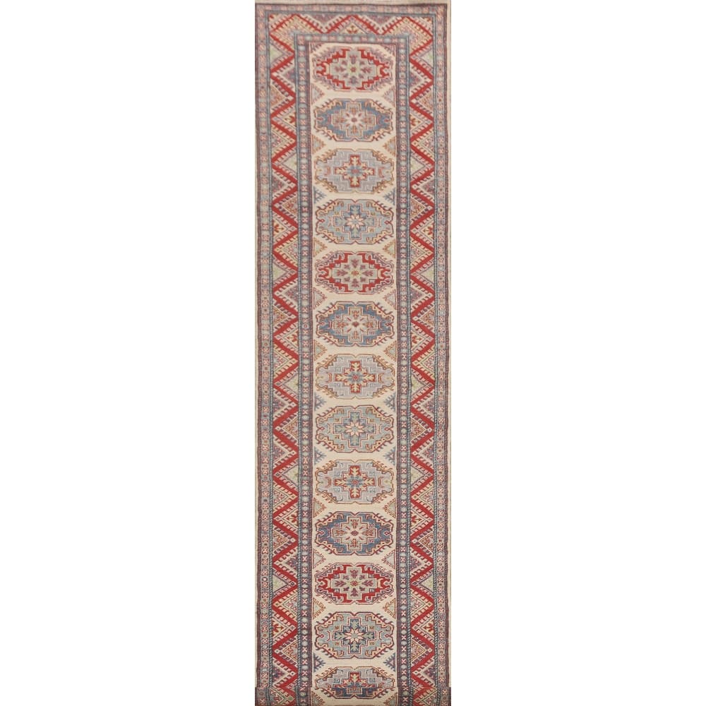 Geometric Kazak Runner Rug Handmade Beige Wool Carpet - 2'7" x 15'6"