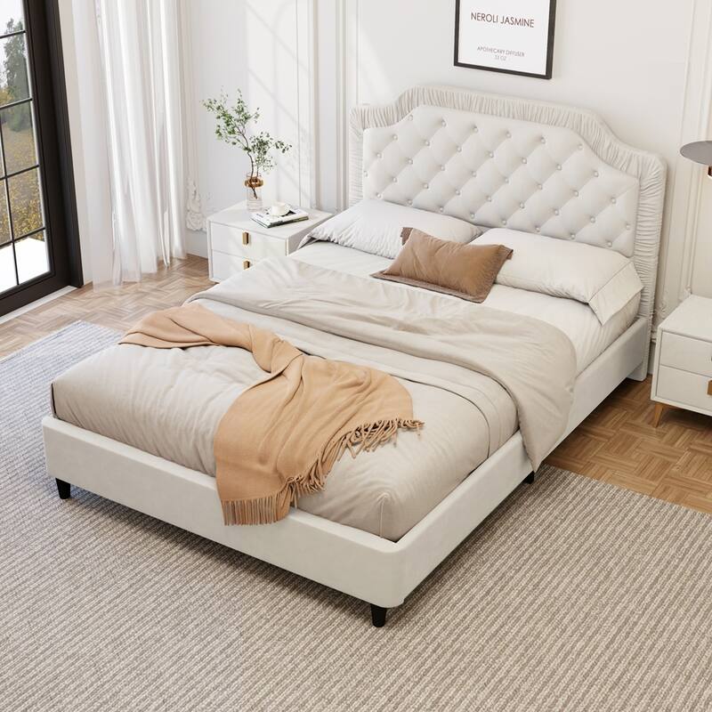 Upholstered Bed with Ruched and Button Tufted Headboard - White - Queen