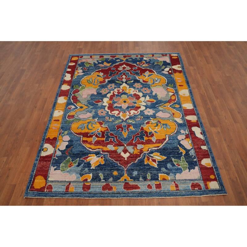 Hand Knotted Oriental 100% Wool Carpet Transitional Floral Navy Blue & Blues Oushak Area Rug - 6' 6'' X 4' 11''