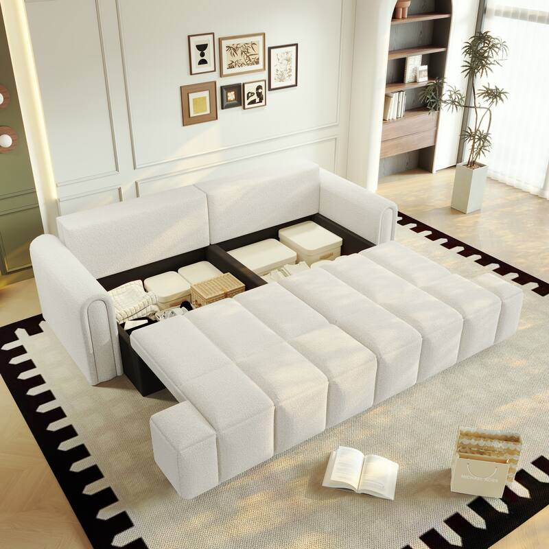 90.2" Sleeper Sofa with Pull-Out Bed, 3-in-1 Convertible Sofa Bed, Large Teddy Loveseat with Adjustable Backrest & Storage Seats